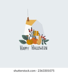 Halloween greeting card. Vector illustration with home and pumpkin and lettering. Hand-lettered greeting phrase