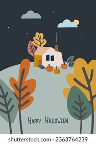 Halloween greeting card. Vector illustration with home and pumpkin and lettering. Hand-lettered greeting phrase