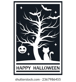 A Halloween greeting card. Vector illustration with a gloomy tree and a black cat. Design for templates