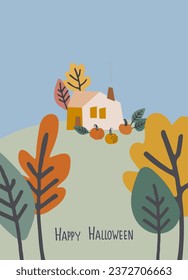 Halloween greeting card. Vector illustration with home and pumpkin and lettering. Hand-lettered greeting phrase
