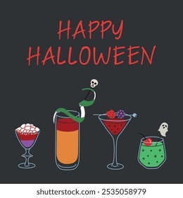 Cartão de saudação de Halloween, ilustração vetorial com cocktails assustadores decorados com crânio e fantasma. Perfeito para festas de Halloween e celebrações. Estilo de design de desenho animado plano