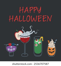 Halloween greeting card, vector illustration with spooky drinks in cartoon style. Halloween cocktails, pumpkin glass, eyeball drink, apple decor, and eerie night vibes, isolated colored clipart