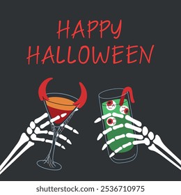 Cartão comemorativo de Halloween, ilustração vetorial de mãos esqueléticas segurando cocktails assustadores com chifres de diabo e globos oculares, composição de aplausos, perfeito para a celebração de Halloween, noite estranha, vibrações assustadoras