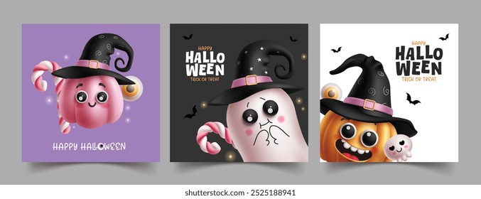 Diseño de conjunto de póster de Vector de tarjeta de felicitación de Halloween. Feliz texto de saludo de halloween con linda calabaza y divertidos personajes fantasmas con Elementos de sombrero de bruja colección. Ilustración vectorial de horror coche de fiesta