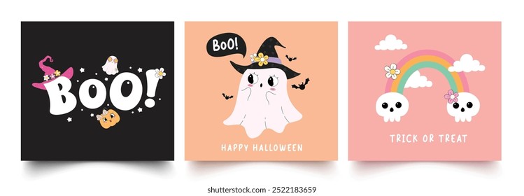 Projeto de conjunto de vetor de cartão de saudação de Halloween. Cartão de convite de Halloween em fundo colorido simples com elementos assustadores e personagem de desenho animado fantasma. Vetor ilustração cartão de saudação truque ou tratar 