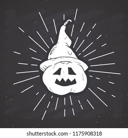 Halloween greeting card vintage label, Hand drawn sketch pumpkin, grunge textured retro badge, typography design t-shirt print, vector illustration on chalkboard background.