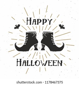 Halloween greeting card vintage label, Hand drawn sketch witch items, grunge textured retro badge, typography design t-shirt print, vector illustration .