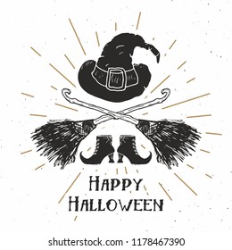 Halloween greeting card vintage label, Hand drawn sketch witch items, grunge textured retro badge, typography design t-shirt print, vector illustration .