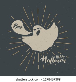 Halloween greeting card vintage label, Hand drawn sketch ghost, grunge textured retro badge, typography design t-shirt print, vector illustration .