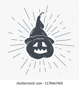 Halloween greeting card vintage label, Hand drawn sketch pumpkin, grunge textured retro badge, typography design t-shirt print, vector illustration .