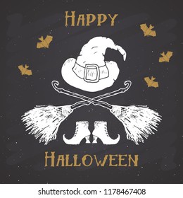 Halloween greeting card vintage label, Hand drawn sketch witch items, grunge textured retro badge, typography design t-shirt print, vector illustration on chalkboard background.