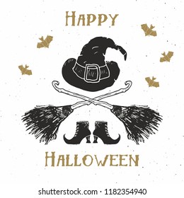 Halloween greeting card vintage label, Hand drawn sketch witch items, grunge textured retro badge, typography design t-shirt print, vector illustration .