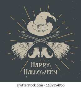 Halloween greeting card vintage label, Hand drawn sketch witch items, grunge textured retro badge, typography design t-shirt print, vector illustration .
