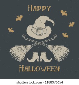 Halloween greeting card vintage label, Hand drawn sketch witch items, grunge textured retro badge, typography design t-shirt print, vector illustration .