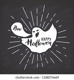 Halloween greeting card vintage label, Hand drawn sketch ghost, grunge textured retro badge, typography design t-shirt print, vector illustration on chalkboard background.