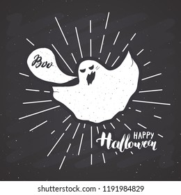 Halloween greeting card vintage label, Hand drawn sketch ghost, grunge textured retro badge, typography design t-shirt print, vector illustration on chalkboard background.