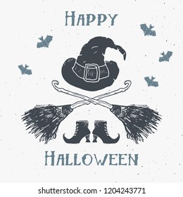 Halloween greeting card vintage label, Hand drawn sketch witch items, grunge textured retro badge, typography design t-shirt print, vector illustration .