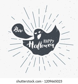 Halloween greeting card vintage label, Hand drawn sketch ghost, grunge textured retro badge, typography design t-shirt print, vector illustration .