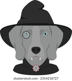 Halloween greeting card. Weimaraner dog dressed as a vampire with fangs, monocle, cape and black hat