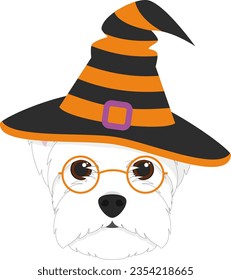 Halloween greeting card. West Highland White Terrier dog dressed as a witch with glasses and black and orange hat