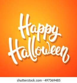 Halloween greeting card with white brush lettering on orange background. Decoration for poster, banner, flyer design. Vector illustration