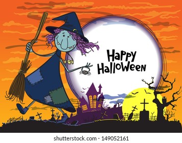 Halloween greeting card with witch