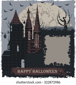 Halloween greeting card with witch castle. Stylish Halloween background.
Vector image can be used for Halloween greeting card, posters, banners invitation and more designs.