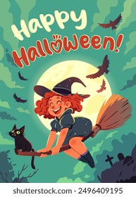 Tarjeta de felicitación de Halloween. Bruja volando en una escoba con un gato negro. Ilustración vectorial de dibujos animados. Fondo con cielo nocturno, luna grande y murciélagos. Feliz Halloween