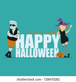 Halloween greeting card. Witch and Frankenstein and inscription Happy Halloween. Vector illustration