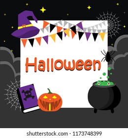 Halloween greeting card is witch hat, magic book, pumpkin, web spider, spider, posion pot on the nigth background. Template for Halloween party.