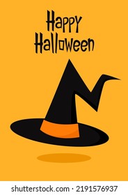 Halloween greeting card. Witch hat on orange background. Halloween traditional witch hat with strap in cartoon and flat style.