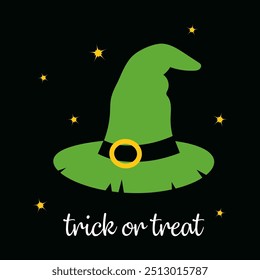 cartão de saudação de halloween com chapéu de bruxa em fundo escuro, design plano