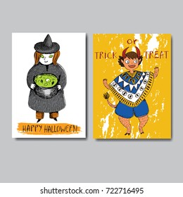 Halloween greeting card with witch and monster girl