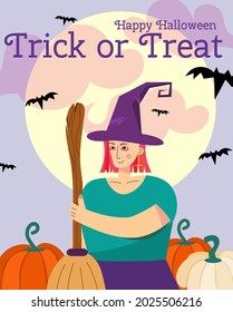 Halloween greeting card witch, moon. Happy Halloween inscription, trick or treat with cute witch in hat, with a broom background of bats, the moon, pumpkins. Vector illustration in cartoon style.