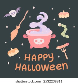  Tarjeta de felicitación de Halloween. Caldero de bruja