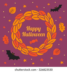 Halloween greeting card with wreath, autumn leaves, bats,  stars and candy
