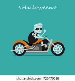  Halloween greeting card.Frankenstein rides the motorcycle.  Vector illustration