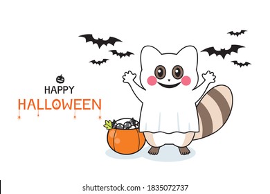 Halloween greeting card.Halloween Calligraphy Font with raccoon and candy pumpkin bucket.