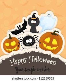 Halloween greeting card/invitation with pumpkins, spider, cat, ghost and a bat in paper style