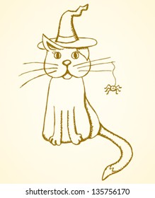 Halloween greeting card/invitation with spider and cat in sketch style