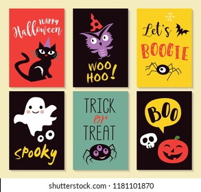  Halloween greeting cards, banner, posters set. Vector illustration.