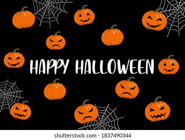 Halloween greeting cards with calligraphy and traditional symbols. Happy Halloween. Pumpkins and cobwebs on a black background. Vector illustration