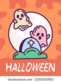 Halloween greeting cards -  ghosts, grave and moon. Hand drawn illustration. Vector illustration.