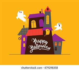 Halloween greeting cards - haunted house, ghosts background, poster, banner