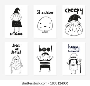 Halloween greeting cards, monochrome posters, flyers, bw invitations with Halloween characters and symbols – witch, pumpkin, mummy, Frankenstein, skull in black and white colors. Vector illustration.