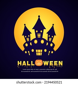 Halloween greeting cards, poster, or party invitations with calligraphy, halloween elements spooky castle in night moon. Design template for advertising, web, social media