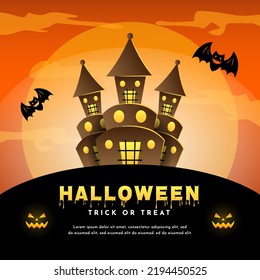 Halloween greeting cards, poster, or party invitations with calligraphy, halloween elements spooky castle, pumpkins, bats in night clouds. Design template for advertising, web, social media