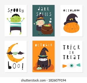 Halloween greeting cards, posters, flyers, invitations with Halloween characters and symbols – witch with cauldron, pumpkins, black cat, bat. Vector illustration.