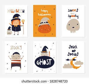 Halloween greeting cards, posters, flyers, invitations with Halloween characters and symbols – witch, cauldron, pumpkins, skull, bat, ghost. Vector illustration.