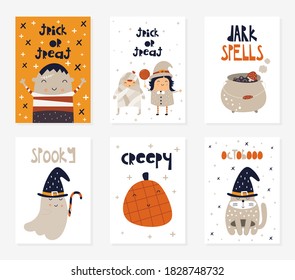 Halloween greeting cards, posters, flyers, invitations with Halloween characters and symbols – witch, cauldron, pumpkins, black cat, ghost. Vector illustration.
